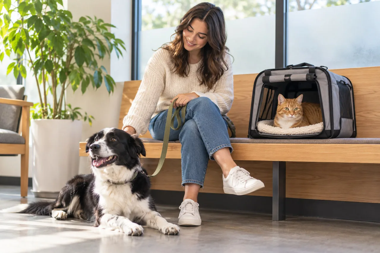 Owner sitting with a dog and a cat carrier beside a bench