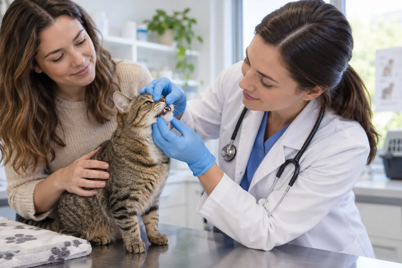 Veterinarian examining a cat beside an owner